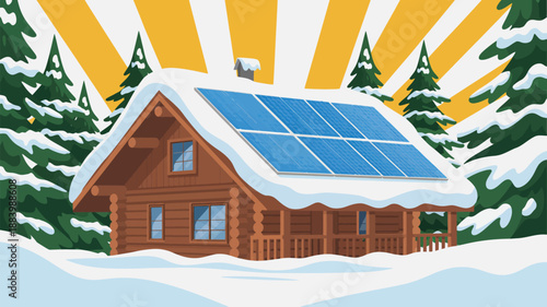 A cozy log cabin with solar panels on its snowy roof surrounded by evergreen trees in a serene winter landscape