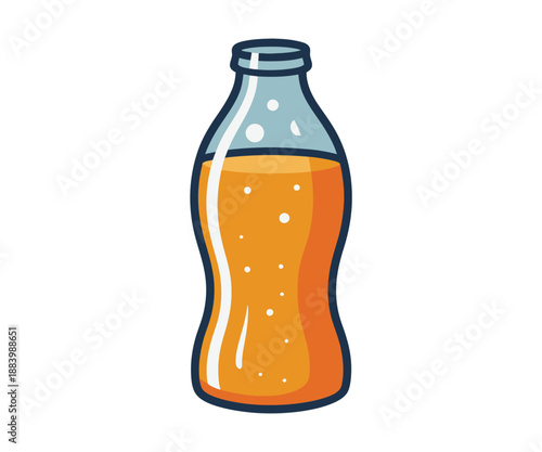 A cartoon illustration of a glass bottle filled with orange soda