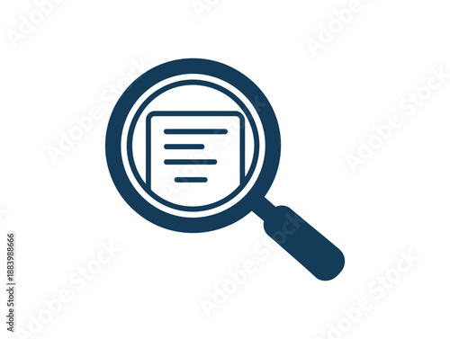 A magnifying glass icon with a document inside is shown on a white background for search concept
