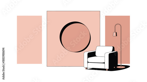A modern living room with a white armchair and pink wall art