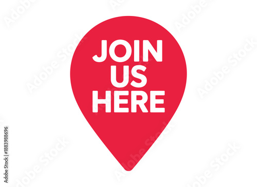 A red map pin icon with the words 'JOIN US HERE' in white text on a plain white background