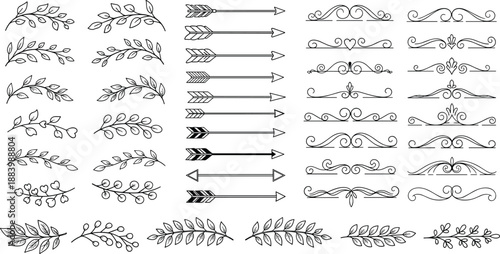 Decorative dividers and arrows vector set with floral branches ornamental swirls vintage separators isolated illustration