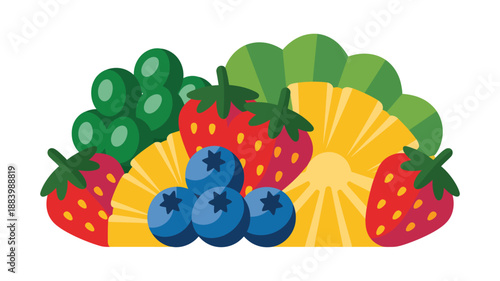 A colorful illustration of various fruits including strawberries, blueberries, pineapple, and green grapes.
