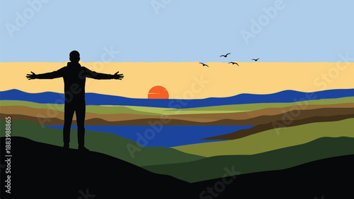 Man embraces new dawn with open arms, celebrating hope and adventure in a vibrant landscape.