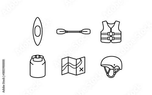 Collection of outline icons for water sports and outdoor adventure gear