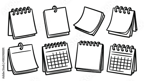 A collection of blank notepads and calendars on a white background