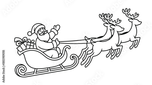 A black and white illustration of Santa Claus riding in his sleigh pulled by reindeer with presents.