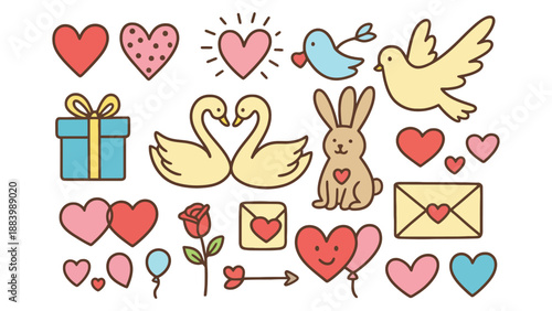 A colorful illustration of Valentine's Day symbols and cute cartoon animals