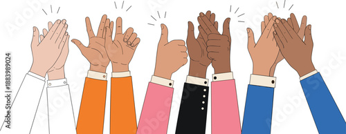 Diverse hands clapping and applauding together showing teamwork, celebration, support, and unity in modern flat vector illustration