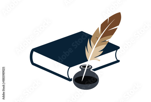 A stylized illustration of a book with a quill pen and inkwell on a white background