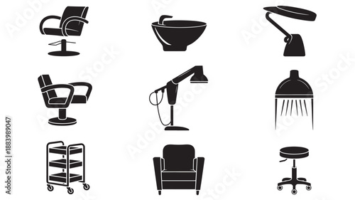 Collection of salon equipment and furniture icons displayed from a straightforward viewpoint