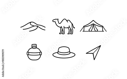 Desert adventure icons: camel, tent, hat, water bottle, sand dunes, and navigation