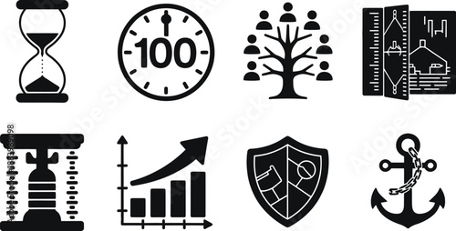 A collection of black and white business icons on a white background