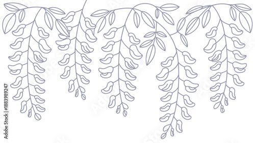 A minimalist line drawing of hanging plant branches with leaves on a white background