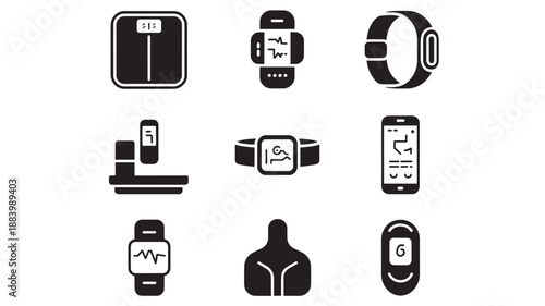 A collection of fitness icons including smartwatches and fitness trackers on a plain background from a straightforward viewpoint