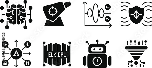 A collection of modern technology and artificial intelligence icons on a white background