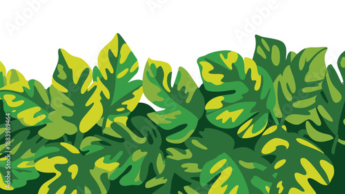 A vibrant illustration of green and yellow leaves against a white background