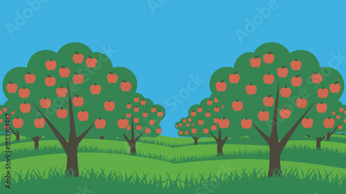 A serene cartoon landscape of an apple orchard on a sunny day