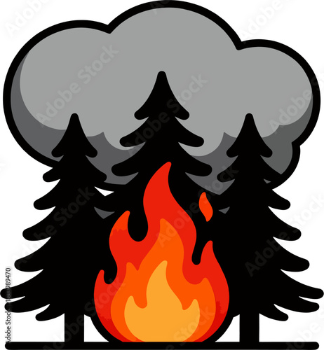 Flat Vector Forest Wildfire Icon with Black Pine Trees, Central Orange Fire Pit and Rounded Gray Smoke Cloud Above