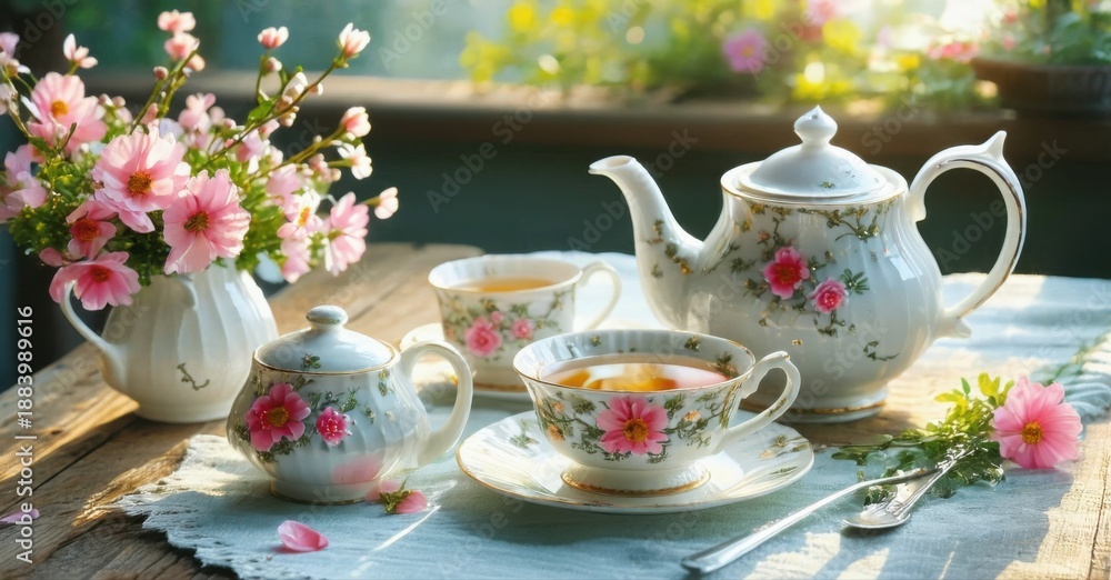 Fototapeta premium Floral porcelain tea set displayed on rustic wood. Sunlight illuminates delicate roses, creating cozy atmosphere. Beautiful still life.