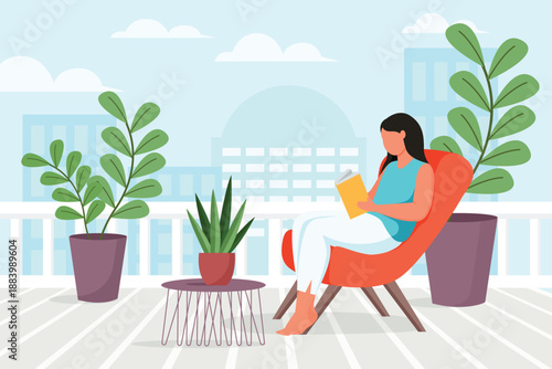 Woman Reading Book at Home Balcony with Plants – Relaxing Lifestyle Illustration
Relaxing Woman Reading Book at Home
Woman Enjoying Reading Time on Balcony