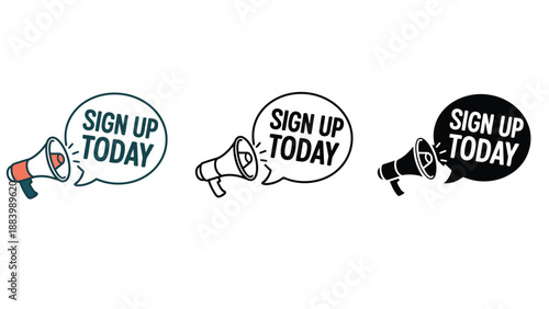 A colorful illustration of megaphones with sign up today text