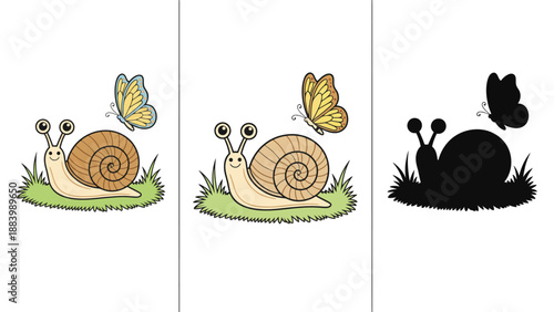 A colorful illustration of snails and butterflies in a grassy meadow