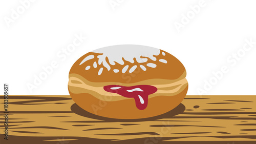 A delicious donut with red filling and white sprinkles on a wooden table