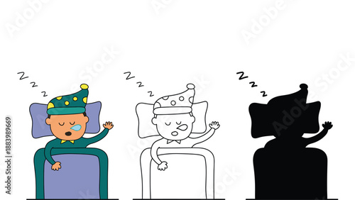 Peaceful sleep from fully colored to outline and silhouette