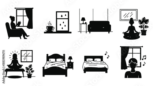 A set of black and white illustrations depicting various home and relaxation scenes
