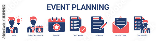 Event Planning web banner icon vector illustration concept with icon of idea, event planner, budget, checklist, agenda, invitation, and guest list.