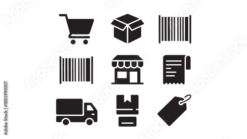 Collection of icons representing e-commerce elements including shopping cart, packaging, and delivery on a clean white background from a straightforward viewpoint