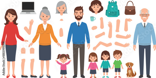 Family character creation vector set with parents children grandparents accessories and interchangeable body parts isolated