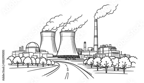 Hand drawn line art illustration of an industrial power plant depicting smoke rising from chimneys for energy production