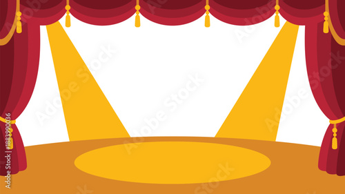 A bright stage with red curtains and yellow spotlights shining down on an empty circular area