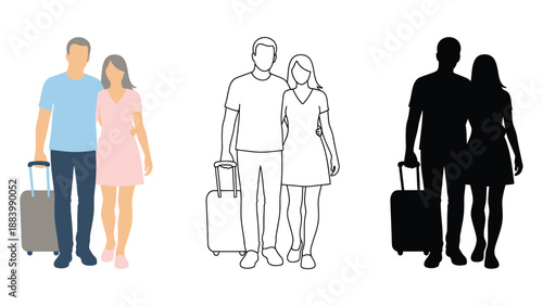 A couple standing together with luggage in different illustration styles