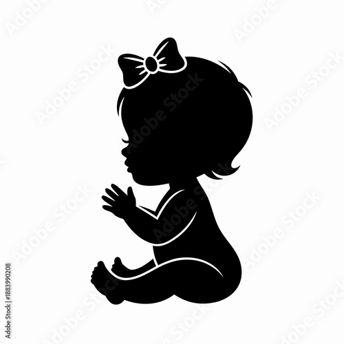 Vector illustration of an isolated black silhouette of a baby girl infant with a bow sitting in profile for nursery metrics and baby shower invitation design