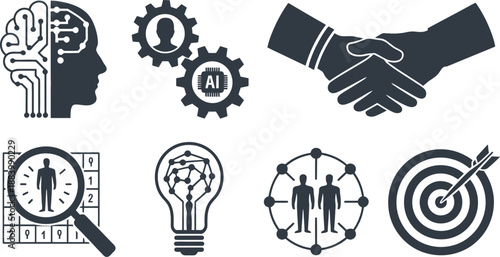 A collection of business and technology icons on a white background