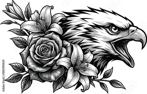 Detailed black and white illustration of an eagle head with open beak surrounded by blooming roses and lilies.