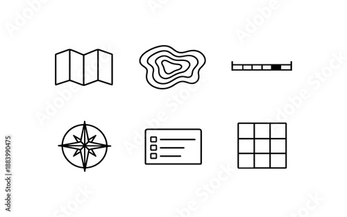 Collection of navigation and mapping icons including a compass, map, and topographic lines