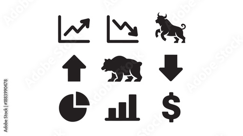 Financial icons collection featuring bull, graphs, and currency symbols in black on a plain background from a direct viewpoint