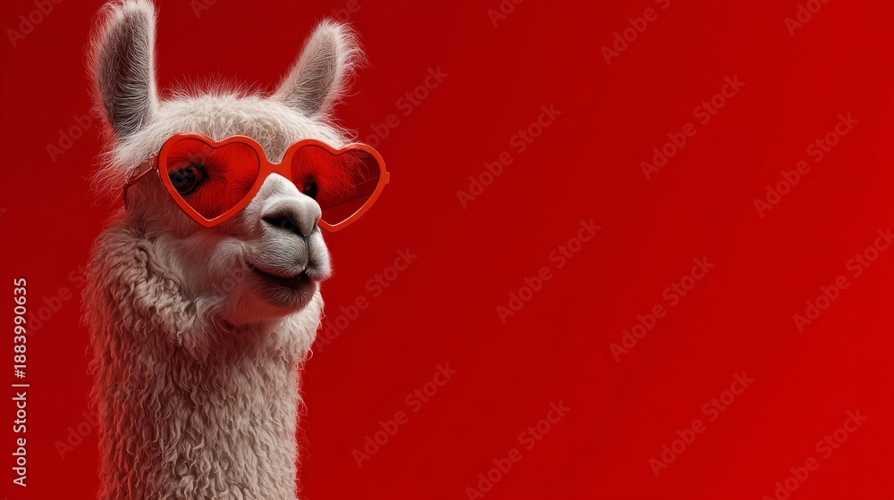 Obraz premium Llama wearing red heart sunglasses on red background, copy space