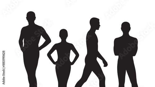 Silhouetted figures of people standing and walking in various postures against a neutral background from a straightforward viewpoint