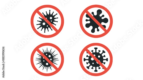 Four no virus signs with red circles and lines on white background