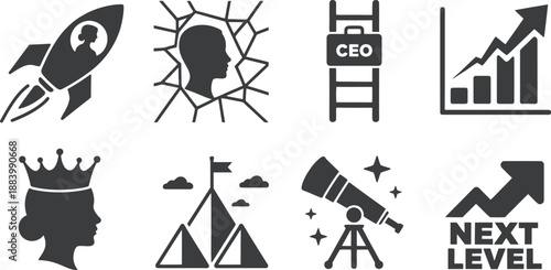 A collection of business and success icons on a white background