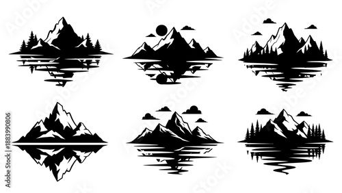 Six majestic mountain range silhouettes reflected in water with surrounding nature elements like trees sun and clouds