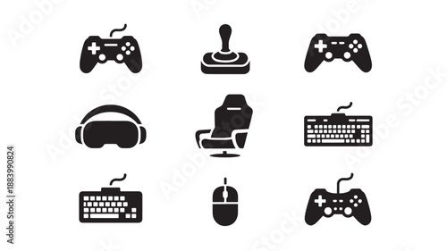 Collection of gaming peripherals and accessories displayed on a clean white background from a straightforward viewpoint