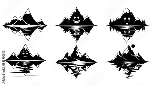 Six mountain landscape silhouettes reflected in water with one featuring happy smiling face and another showing a storm