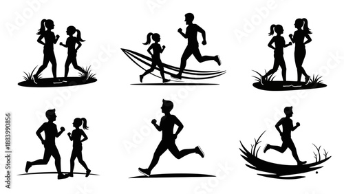 Black silhouette set of people running outdoors doing fitness activities joggers exercising in park environment isolated on white background flat