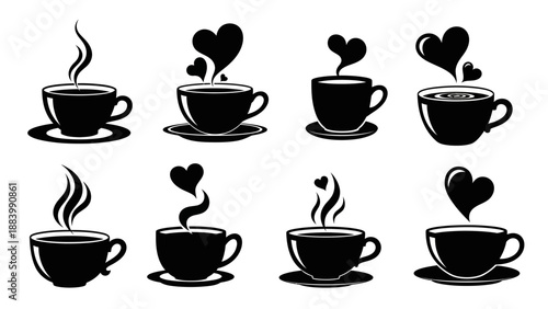 Collection of coffee cup icons with steam and heart shapes black minimalist mugs for cafe branding and morning beverage design elements on white flat